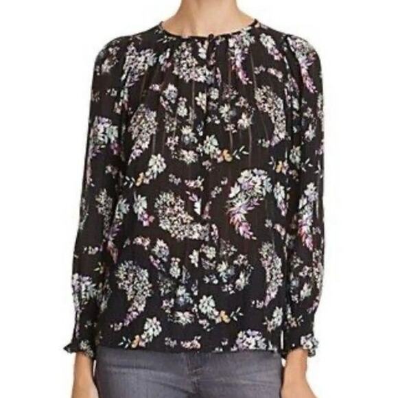 Rebecca Taylor Tops - Rebecca Taylor Black Silk Floral Bouquet Keyhole Neck Long Sleeve Top Size 8